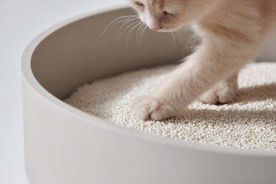 Close up of a cream kitten paw stepping into a litter box with white granules. Pet hygiene and toilet training concept