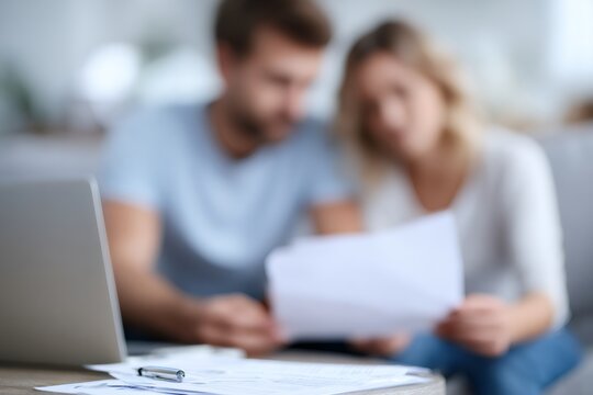Couple signing a contract or financial agreement at home. Pen and documents in focus with a blurred man and woman in the background