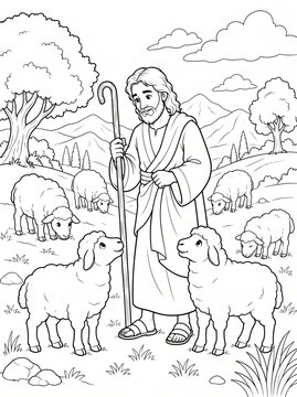 Good Shepherd with sheep in a peaceful biblical landscape coloring page