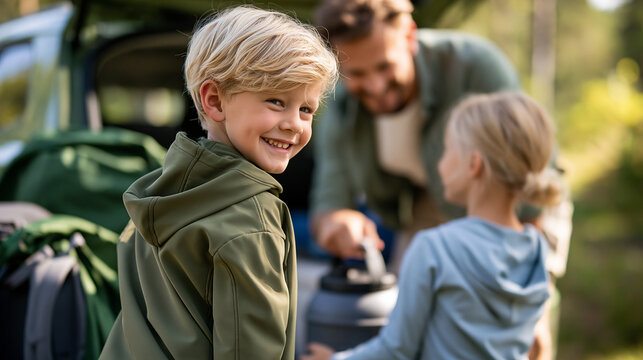 Family loading a car with camping gear before a weekend adventure, travel preparation, outdoor lifestyle, road trip, with copy space