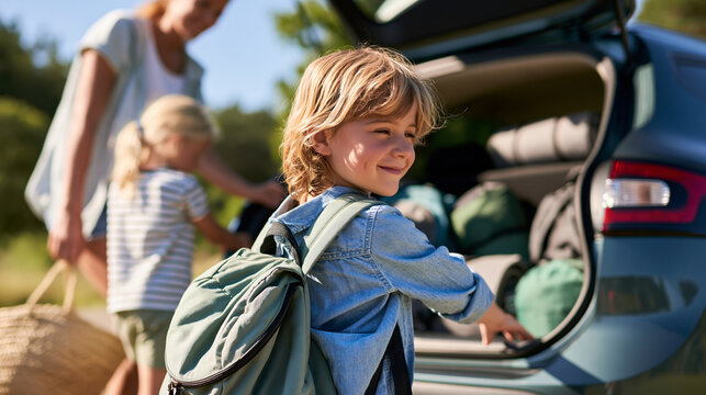 Family loading a car with camping gear before a weekend adventure, travel preparation, outdoor lifestyle, road trip, with copy space