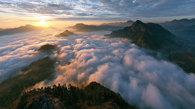Sea of clouds filling deep valley between mountain peaks at sunrise