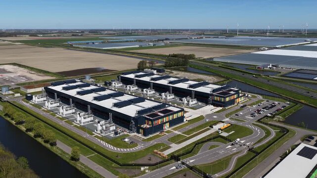 Aerial view of large scale redundant data center infrastructure