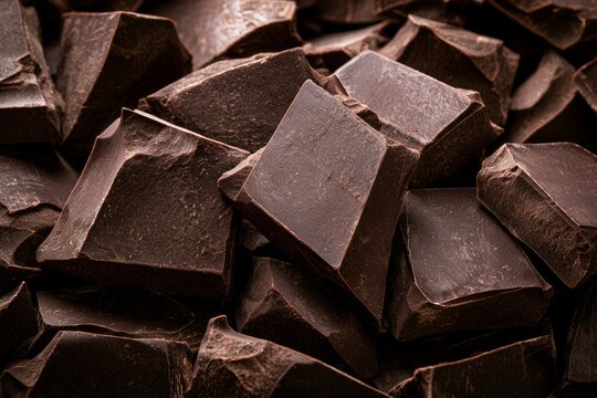 Cacao pieces are arranged in a pile ready for melting and cooking in a kitchen setting