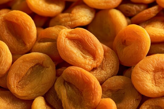 Dried apricots placed together showing their color and texture at a fruit market