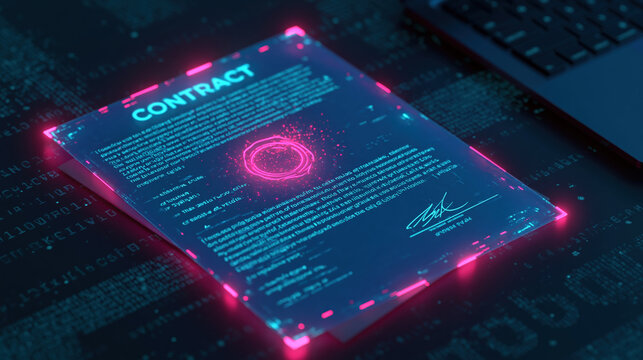 Smart contract concept digital document with glowing seal and
