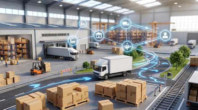 Modern logistics warehouse uses drones and automated systems to streamline package sorting and distribution operations.