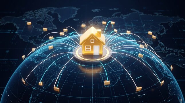Small house icon on top of a digital globe with network lines connecting to various data folders in the dark