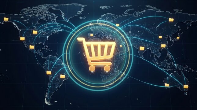 Shopping cart icon with global network lines connecting to various countries on a dark digital world map