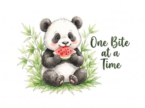Cute baby panda bear eating a slice of juicy red watermelon sitting in green bamboo leaves illustration art