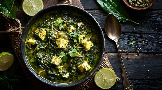 Palak paneer in a bowl with creamy spinach curry and paneer cubes
