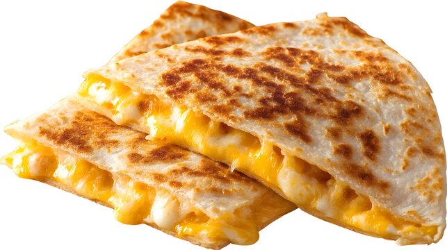 Golden brown quesadilla with gooey melted cheese filling on a white background