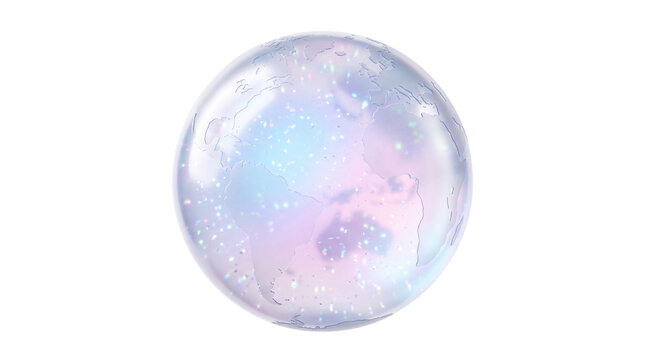 Iridescent glass globe with world map, holographic crystal earth sphere on white background, glowing planet earth orb