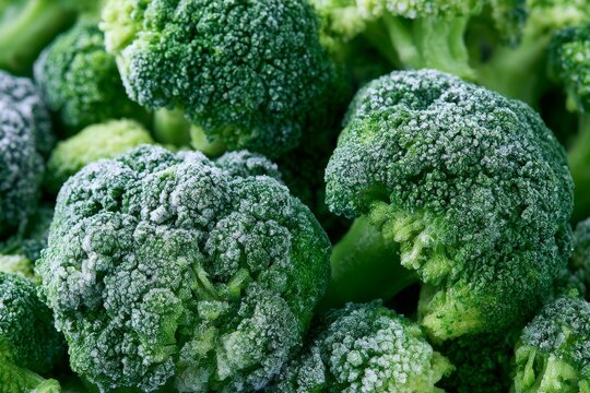 Frozen broccoli sits in a close view showing its texture and color