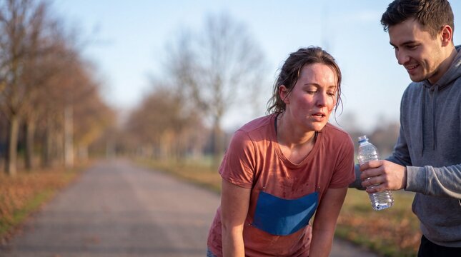 An amateur runner finishing a small community five-kilometer route, flushed face and real sweat visible, a friend offering water from a plain bottle, bib containing no numbers or text