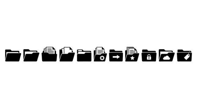 Set of Black File Folder Silhouettes Open and Closed on White Background