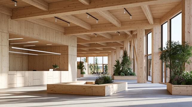 Modern mass timber office building interior exposed