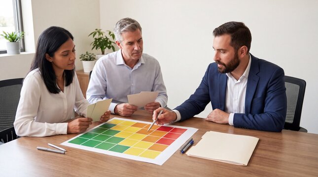 Business team evaluates AI model risk with color grid