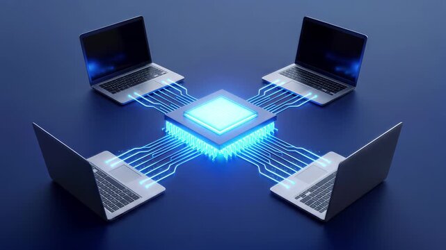 Central processing unit connecting to four laptops via glowing blue data lines. Digital network and high-speed information transfer concept. Lockdown shot.