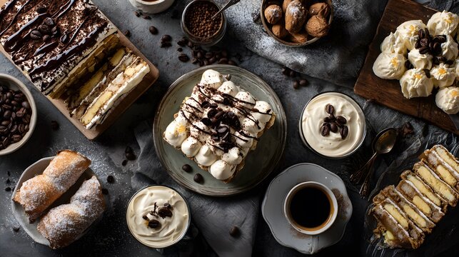 Italian dessert spread with tiramisu, cannoli, and coffee