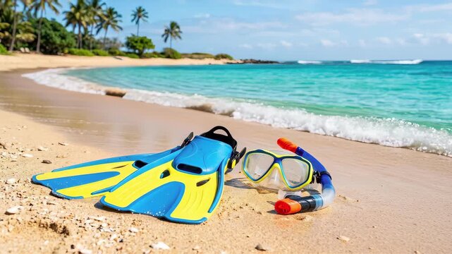 Snorkel mask and flippers resting on a sandy tropical beach. Gentle ocean waves washing ashore near diving gear on a sunny summer day. Island vacation and water sports equipment