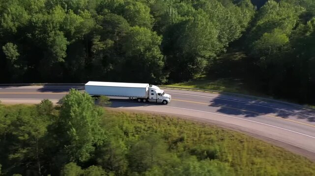 White truck drives along highway surrounded by dense green forest, captured from elevated viewpoint showing road movement, tree landscape, and transport activity in outdoor daylight environment