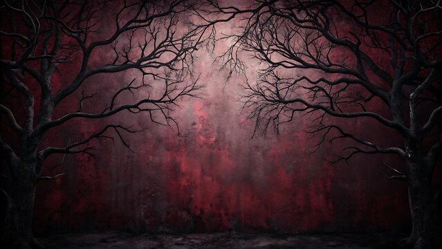 Dark and ominous gothic background featuring twisted bare trees against a moody red textured wall