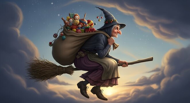 A witch with a sack of gifts flies on a broomstick against a cloudy twilight sky