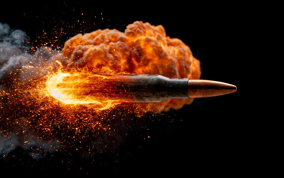 Bullet flies fast through fire blast and smoke. Fiery sparks fly from projectile in motion. Intense orange explosion erupts behind bullet with dramatic effect.