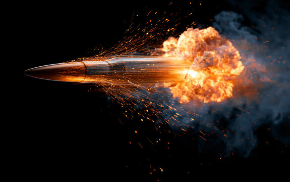 Bullet flies fast through fire blast and smoke. Fiery sparks fly from projectile in motion. Intense orange explosion erupts behind bullet with dramatic effect.