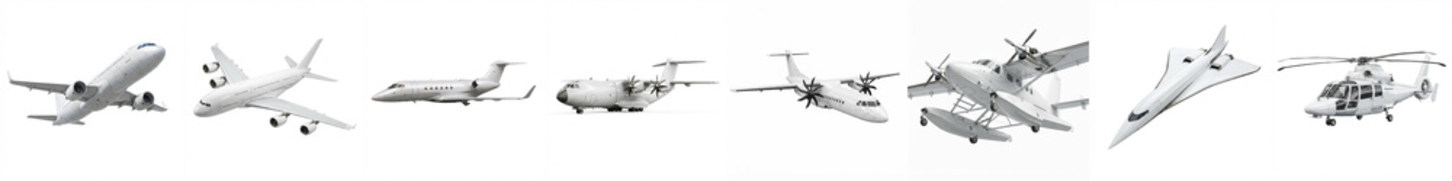 Aircraft collection of airplanes and helicopter isolated on a white background with private jet, supersonic airliner, seaplane, and cargo plane for aviation and transport infographics