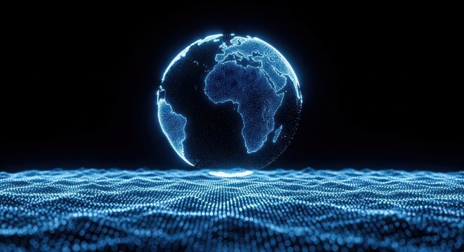 Glowing digital earth globe floating above a data network grid in a dark virtual space environment