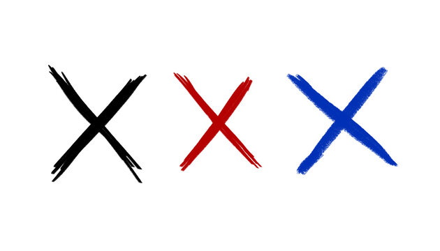 Three Marked Crosses: A simple yet bold graphic featuring three hand-drawn crosses in black, red, and blue, symbolizing decisions, errors, or choices.