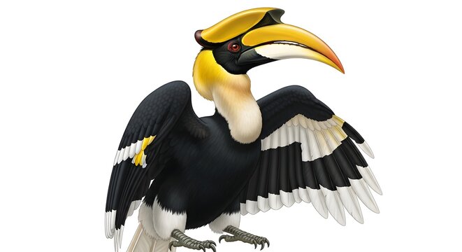 Great Hornbill bird with vibrant yellow casque and black plumage spread wings isolated on white background for design