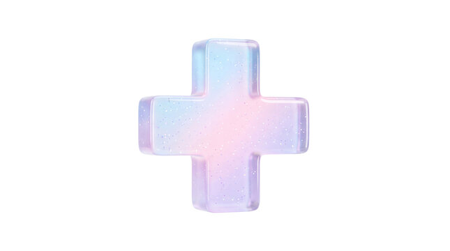 Holographic 3D plus sign icon, iridescent pastel cross symbol on white background, glossy glass mathematical addition sign for UI design