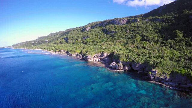 Aerial drone footage, island coast, Rota, Mariana Islands