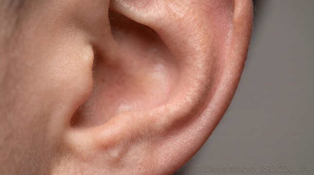 Extreme close-up macro of a human ear showing natural anatomy and skin texture, ideal for medical, beauty and anatomical content.
