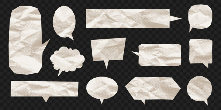 Halftone speech bubbles made from crumpled paper texture. Different shapes scrapbook speech bubble, cut out from halftone crumpled paper on transparent background. Vector.