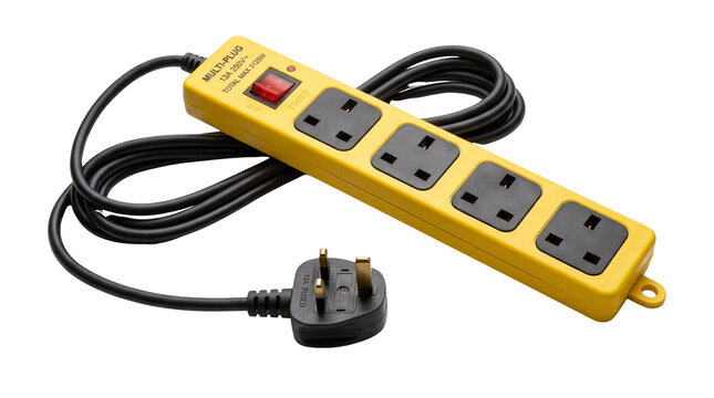 Yellow power strip with four UK sockets, industrial extension lead with red switch, electrical multi-plug adapter for home and office isolated PNG with Transparent Background