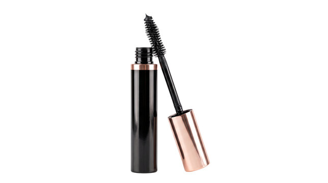 Black mascara wand and tube with rose gold accents, professional eyelash makeup applicator, luxury cosmetic beauty product isolated PNG with Transparent Background