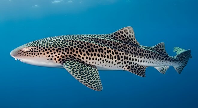 Leopard shark swimming in clear blue ocean water with sunlight dappling its spotted body