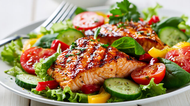 Grilled salmon salad with fresh vegetables and mixed greens for healthy lunch or dinner