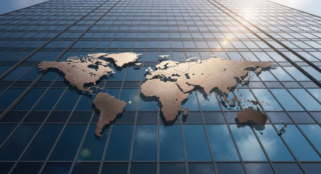Map silhouette on glass skyscraper facade with sun flare and blue sky reflection above