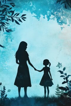 Mother and daughter silhouette on blue textured background for national daughter day card and poster design