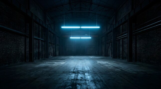 Empty dark warehouse interior with brick walls and glowing blue neon lights hanging from the ceiling, cinematic industrial vibe