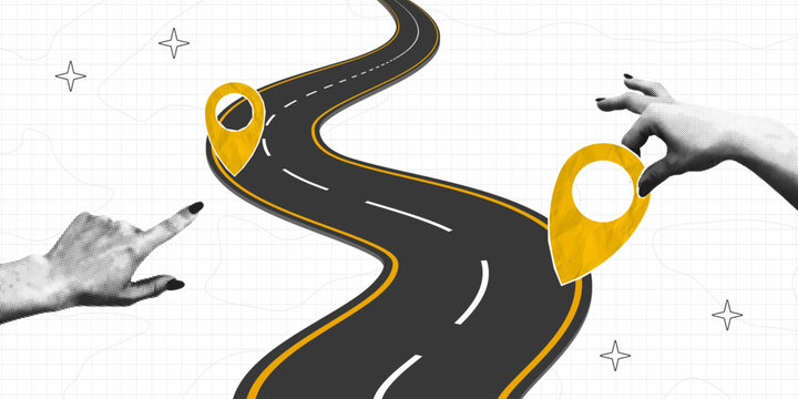 Collage banner with halftone hand holding location pin and curved asphalt road. Location pointers and highway going into the distance. Concept of delivery, transport logistic or travel route. Vector