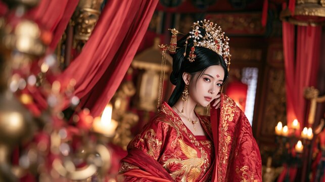 Beautiful Woman in Traditional Chinese Wedding Dress with Red Drapes and Candlelight Background