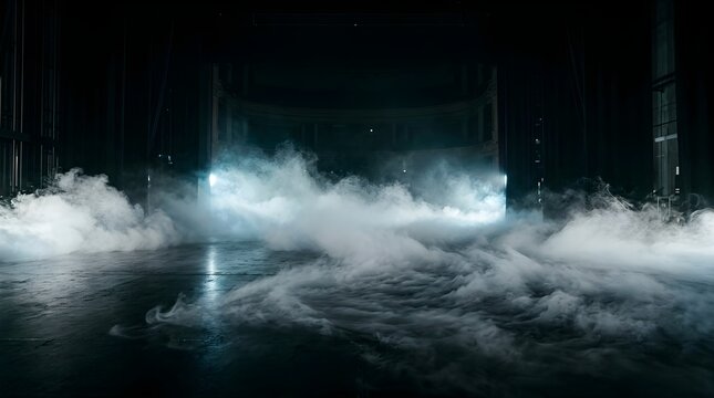 Thick white stage fog rolling across a dark theater floor with dramatic lighting