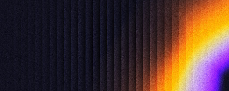 Dark blur orange purple grainy background blurred glowing light beam on reeded glass stripes, refracted glass noise texture header, poster design