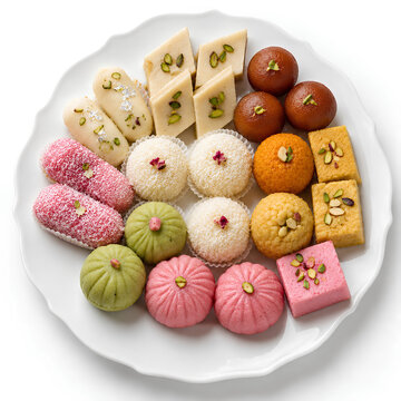 Assorted Indian Mithai and Traditional Sweets on White Plate